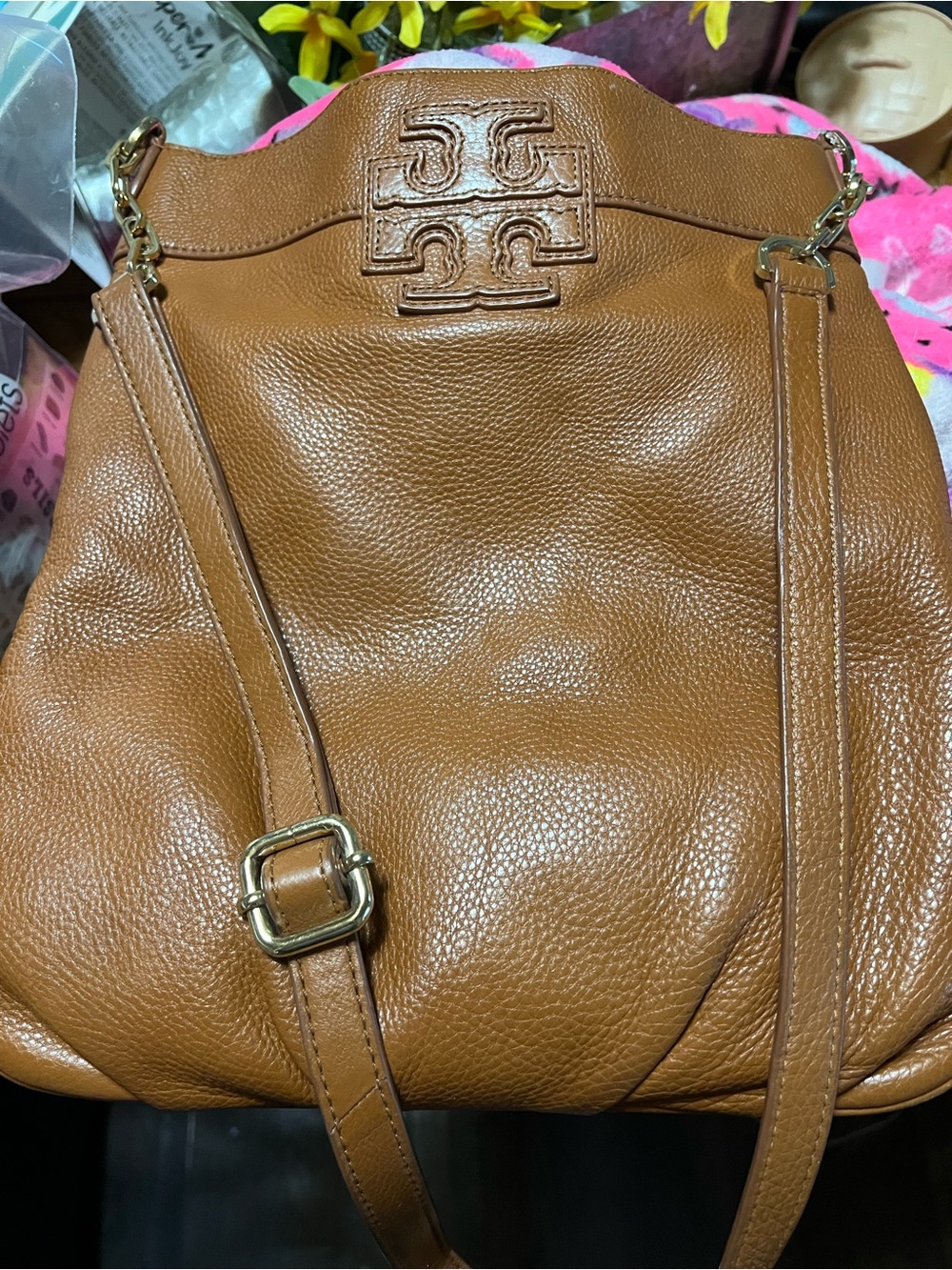 Tory Burch Pebbled Leather Shoulder Bag in Cognac Brown